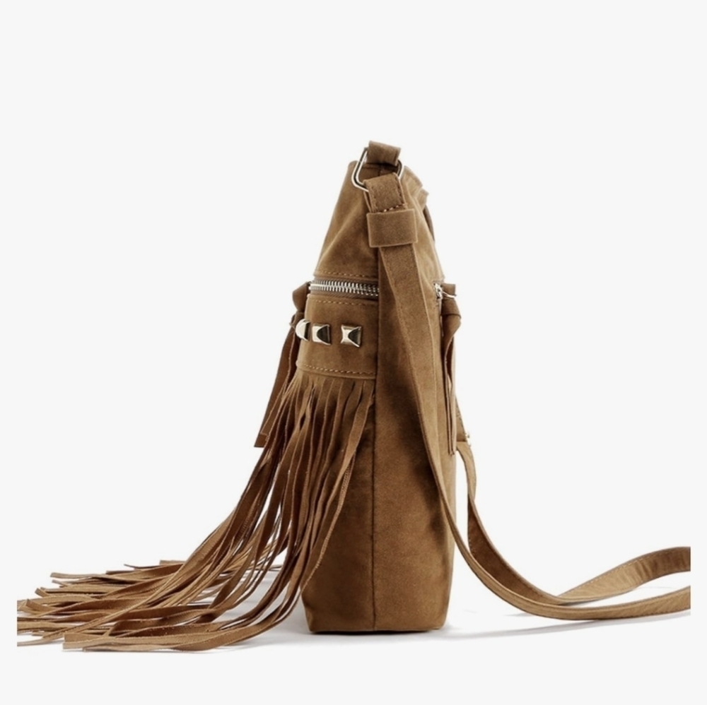 Boho Purse Fringe Bohemian Shoulder PU Suede Faux Leather 70s Hippie Style Purse - Picture 4 of 7